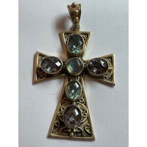 59mm Nicky Butler India Sterling Silver Multi Gems Slide Closure Cross Pendant